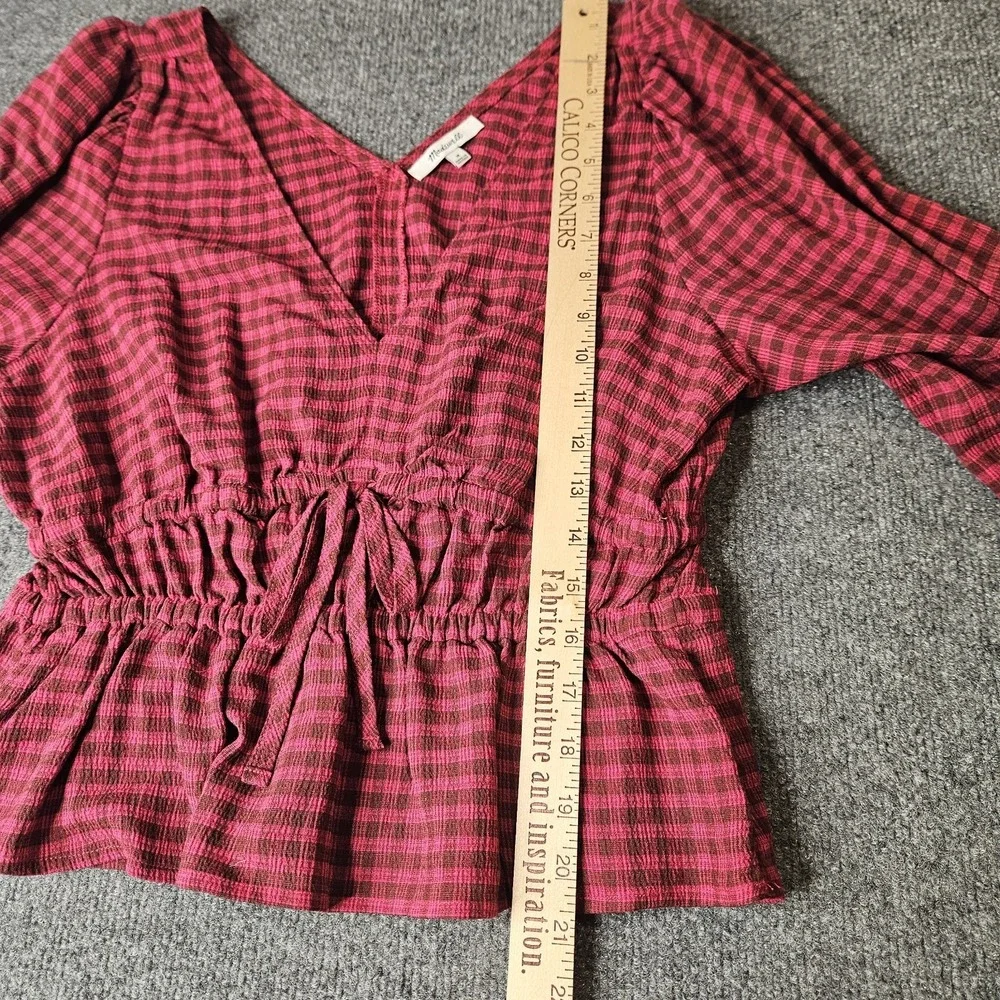 Madewell‎ Saffi Top Longsleeve Peplum Check Puff Sleeve Size Medium